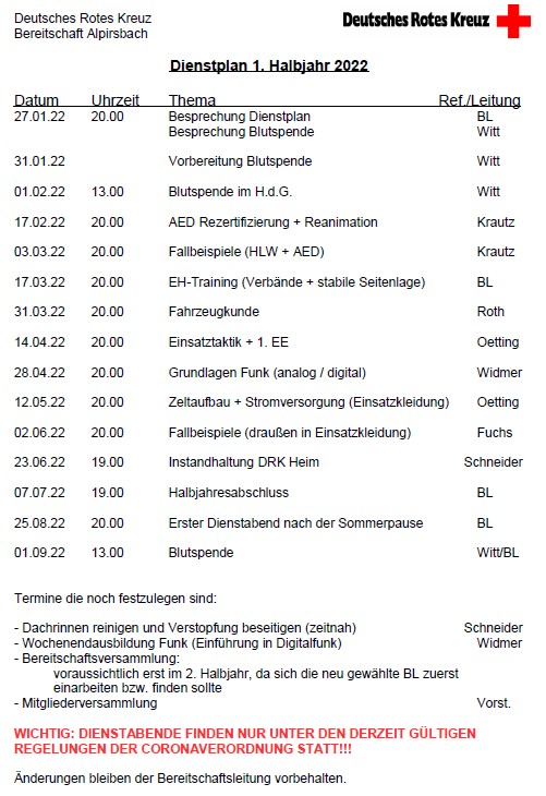 Aktueller Dienstplan DRK Alpirsbach