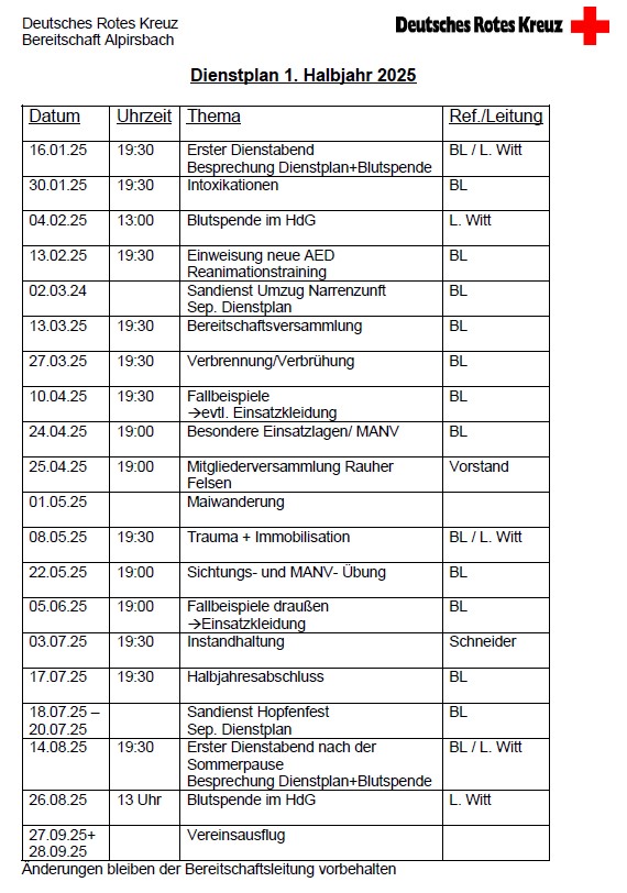 Aktueller Dienstplan DRK Alpirsbach